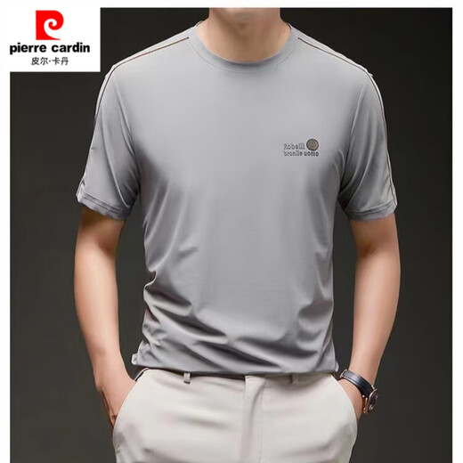 Pierre cardin 2025 summer new short-sleeved men's trendy round neck print middle-aged and young casual tops men's fashion T-shirt men 723-1 gray-green 3XL Recommended 165-180Jin [Jin equals 0.5 kg]