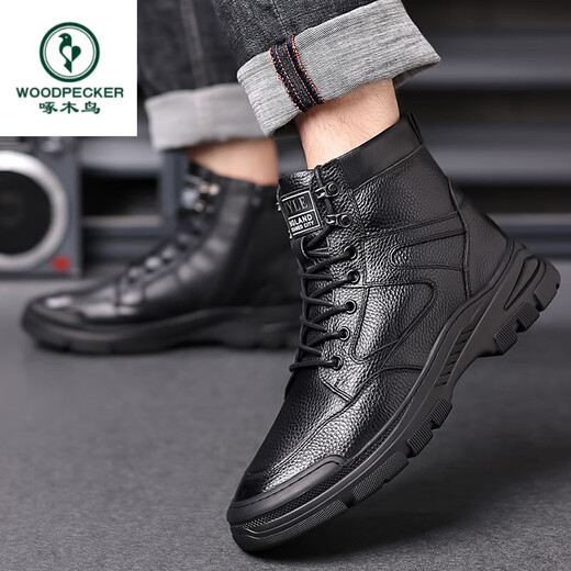 Holzspecker Herren Winterstiefel High-Top-Schneestiefel Herren-verdickte Lederschuhschuhe Nordost warmes Schafslederfell integrierte Männerschuhe 13592 Schwarz (Wolle integriert) 38