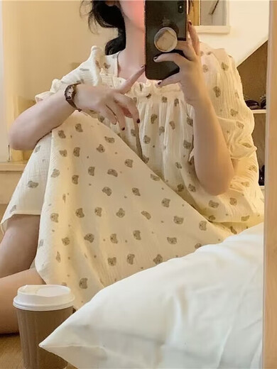 
Huilie Korean sweet and cute little bear cotton yarn nightgown women's 2024 new summer day short-sleeved pajamas dress home QS skirt #9871 (with chest pad) M recommended 80-100Jin [Jin equals 0.5 kg] wear equal size