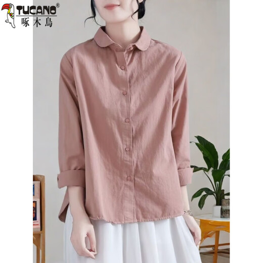 Woodpecker (TUCANO) pure cotton shirt for women spring and autumn new fashionable niche design sense cotton linen long sleeve large size loose casual shirt 829 pink L