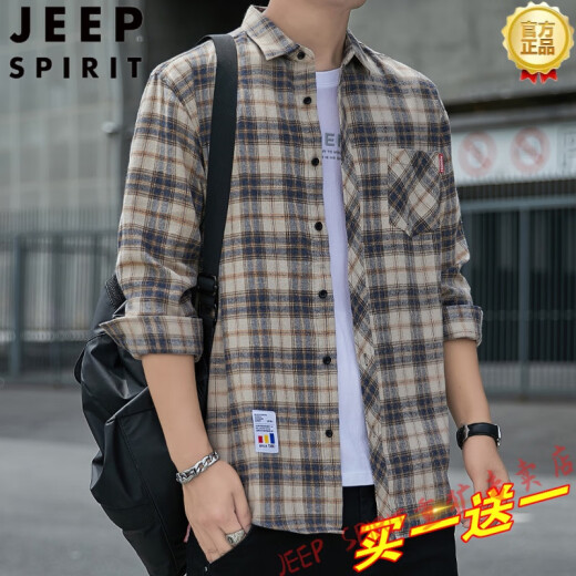JEEP SPIRIT格子休闲衬衫男士春秋季长袖衬衣韩式上衣服复古宽松夏季常规款外 K12109蓝色( 加绒 XL 125-145斤