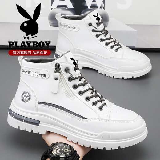 Playboy (PLAYBOY) men's shoes high top spring and summer new 2025 casual retro thick sole height-enhancing breathable trendy leather shoes men's Martin boots white brown 844 42