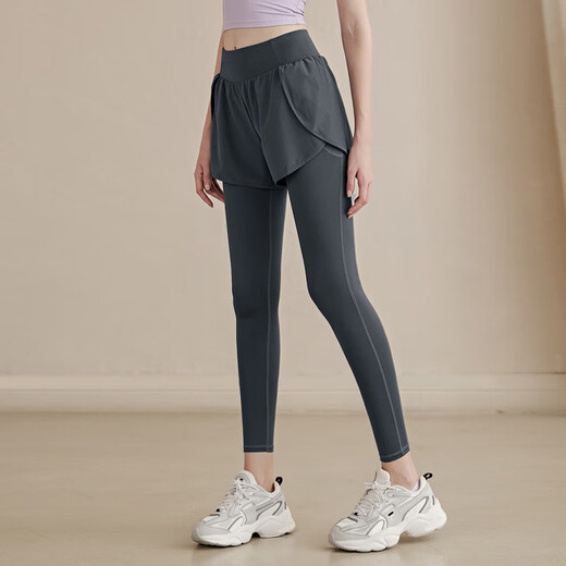 Victoria Traveller Yoga Hosen Frauen Fitnesshosen laufen schnelle Trockensporthosen hoher Taille gefälschte zweiteilige Anti-Awkward-enge Hose grau l