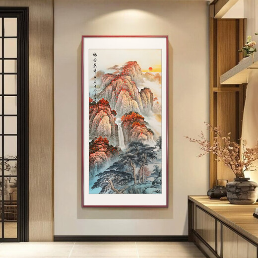 Good wood, the rising sun, hand-painted Mount Tai, sunrise, Chinese painting, entrance hall, central hall hanging painting, decorative painting, ink landscape painting mural, D-Hainan Baichuan, 70*140cm high-definition giclée, elegant walnut solid wood frame, solid wood thin frame