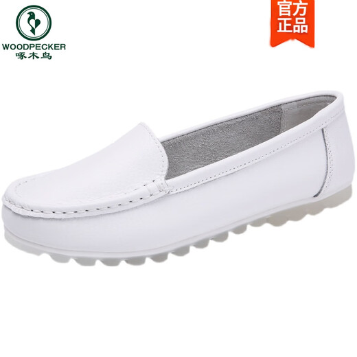 Specht Leder Krankenschwester Schuhe Rindfleisch Sehne Sohle kleine weiße Schuhe für Frauen weiche Sohle atmungsaktive Bohnenschuhe für Sommerstuhlschuhe weiß (dickes Sohle Upgrade) M6628 Dicker Sohle echtes Leder 38