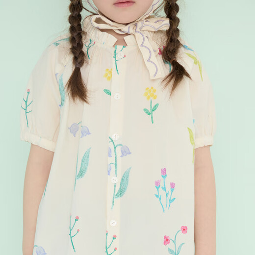 Papa climbing summer girls dress pure cotton floral skirt girl versatile cute and stylish off-white 90 cm