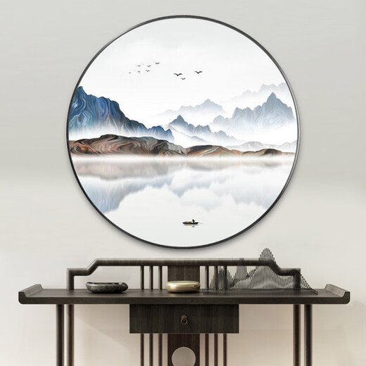 山头林村新中式圆形装饰画客厅玄关灯画山水画茶室禅意挂画水墨画风景壁画 724 直径50cm
