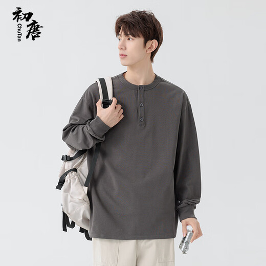 Early Tang heavyweight pure cotton long-sleeved T-shirt men's washed Henley round neck spring and autumn pullover clothes gray 2XL