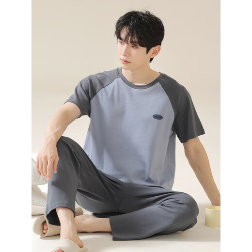 Langsha Pajamas para hombres Pantalones de manga corta de algodón puro en verano delgada de gran tamaño de gran tamaño de algodón ropa para el hogar NS13601 L