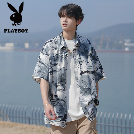 Playboy (Playboy) Trate de protection solaire à tir-dye à manches courtes pour hommes Spring and Summer Ice Silk Flower Smooth Flower pour hommes de grande taille de plage mince plage pour hommes CD5484-Black XL recommandé 125-145jin [Jin est égal à 0,5 kg]