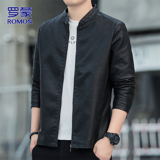ROMON Jacket Leather Men's Autumn and Winter Jacket Men's Casual Versatile Motorcycle Men's Top Black 2XL