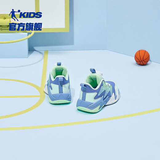 Jordan QIAODAN children's shoes children's sports shoes 2025 spring new product anti-slip knob button professional boys' basketball shoes Fengbei blue/Qingshui blue 31