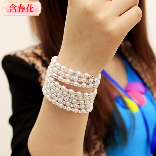 Korean style fashionable multi-layered pearl-encrusted diamond-wrapped spiral bracelet with spring flowers, wide bracelet for women, elastic wide bracelet, main picture