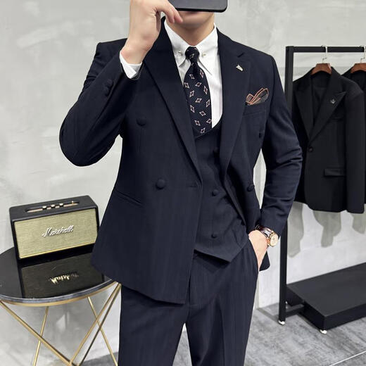 Jessons Herren-Doppelbrust gestreifter Anzug Bräutigam Hochzeitskleider Business Casual Work Work-Interview Anzug Dreiköpfig dunkelblau (Anzug + Hemd + Weste + Hose) 5xl (175-190jin [Jin gleich 0,5 kg])
