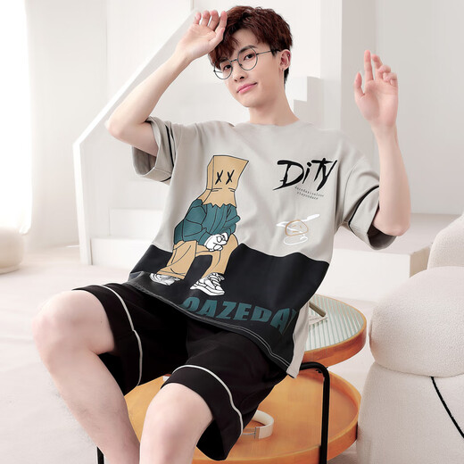 Langsha Pyjamas Herren Sommer Baumwolle kurzärmelige Shorts Thin Teenager Herren Hauskleidung Sommer Großgröße kann außerhalb von WB1355 m Standard empfohlener Größe 168-175 Gewicht 120-1 getragen werden