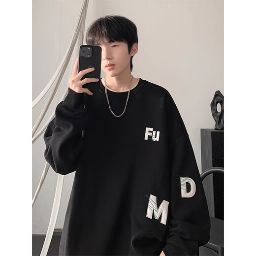 POUM圆领卫衣男春秋季款潮流美式印花长袖无帽上衣服新年红色港风卫衣 YSXS-H1476酒红色 XL