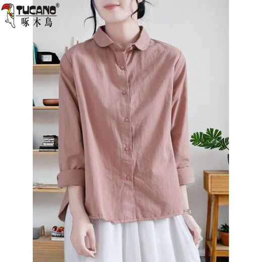 Woodpecker (TUCANO) pure cotton shirt for women spring and autumn new fashionable niche design sense cotton linen long sleeve large size loose casual shirt 829 pink L