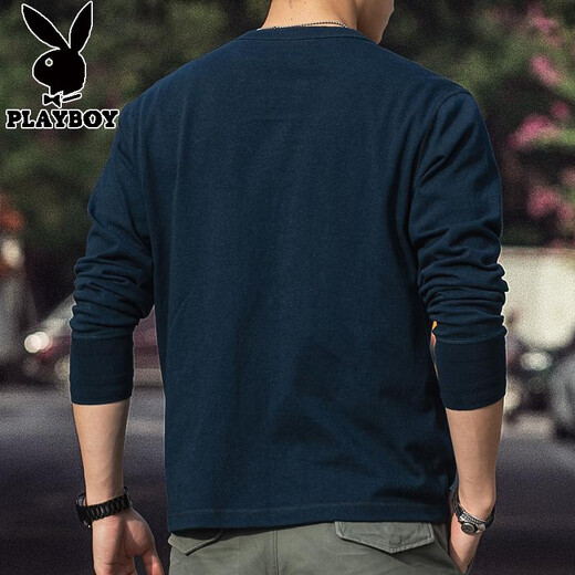 Playboy American Retro Henley Long Sleeve T-Shirt Men's 2025 Spring 250g Pure Cotton Side Seamless Henley Collar Bottoming Shirt Denim Blue 250g Pure Cotton M Reference 125-140Jin Jin is equal to 0.5 kg