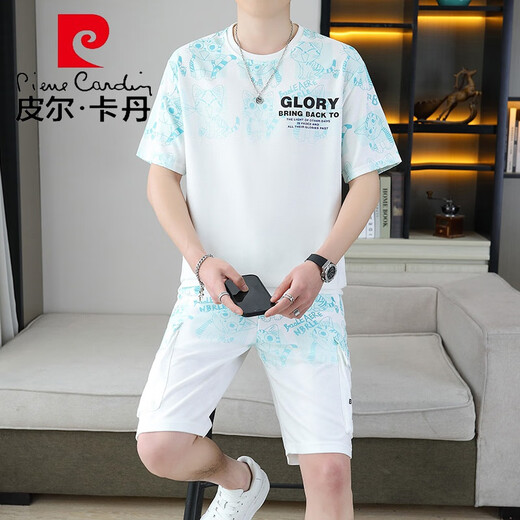 皮尔卡丹（pierre cardin）2025夏季新款短袖套装男青年百搭短裤休闲运动两件套渐变色男装 6187蓝色 M