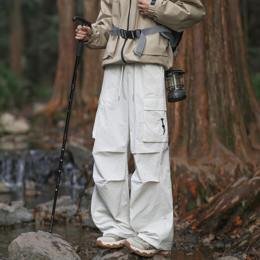 SWAMP AREA伞兵冲锋裤男春夏薄款褶皱登山裤直筒运动休闲冰丝裤WS701米白色L