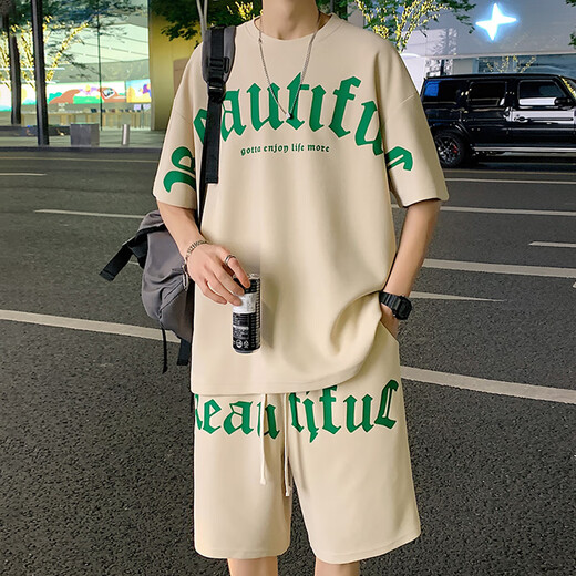 Boys Summer Short Sleeve Two-Piece Fat Boys 13-16 Years Old Loose Sports Set 14 Children's Clothes FKS653 Khaki Set 170 (XL) 125-150Jin [Jin equals 0.5 kg]