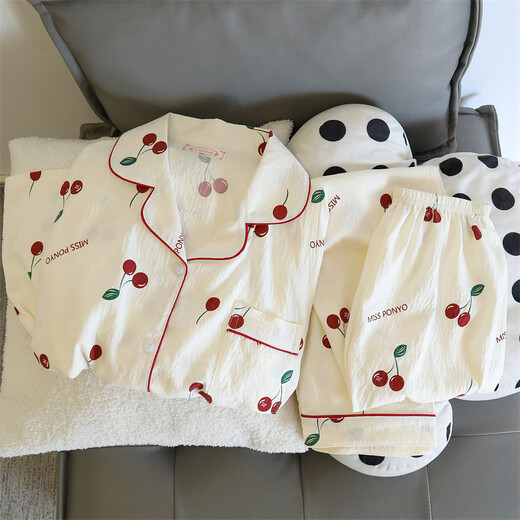 Cat Men Pyjamas pour les femmes au printemps et à l'automne Xinjiang Cotton Gauze Pantalons à manches longues 2025 Nouveaux vêtements de maison cardigan été 826 # Small Cherry # Long à manches + pantalon recommandé 100-120jin [Jin est égal à 0,5 kg] l