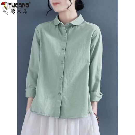 Woodpecker (TUCANO) pure cotton shirt for women spring and autumn new fashionable niche design sense cotton linen long sleeve large size loose casual shirt 829 pink L