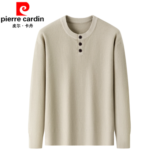 Pierre Cardin Henry collar T-shirt men's long-sleeved spring and autumn new jacquard inner layering shirt three-button round neck men's knitted sweater wool T light rice Q-19227 XL 52
