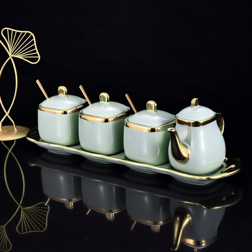 Ruishun Internet celebrity ceramic seasoning box household seasoning jar fruit green salt jar seasoning bottle set with tray spoon 3 jars 1 pot + 1 chassis + 3 spoons