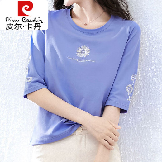 Pierre Cardin Algodón Camiseta de manga media de algodón para mujeres 2025 Spring y verano Nuevo manga de tres cuartos camiseta de manga corta Spring y Autumn Top 1xs328 White + W6172 Ice Blue M 80-105Jin [Jin equivale a 0.5 kg]