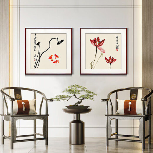 Zi Teng Suixuan Qi Baishi decorative painting new Chinese style living room background wall hanging painting bedroom dining room restaurant ink shrimp mural morning glory 40*40cm mahogany color solid wood frame