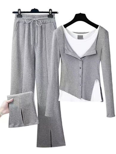 New women's suit spring and autumn gray fake two-piece tops bottoming shirt slit wide-leg casual pants three-piece set for women gray top + vest + gray pants three M