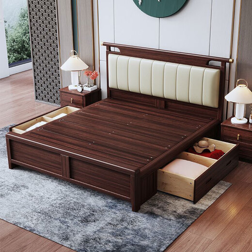 Cama Yuyang NUEVA Cama de madera maciza de oro negro de estilo negro 1.8m 2m Bed de dormitorio Bed 9904# Camino + 1 Gabinete + 20 cm Pad de látex Spring 1.8*2.0m [Tablero de cama silenciosa]