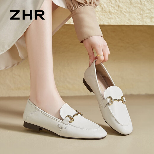 ZHR loafers women's spring and autumn commuting style flat-sole leather shoes women's soft-faced single shoes women AH653 beige 39