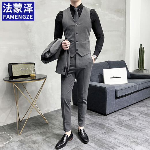 法蒙泽西服套装男士商务职业正装结婚新郎礼服休闲英伦风修身西装外套 黑色【西服+西裤+马甲+大礼包】 2XL 【130-145斤】