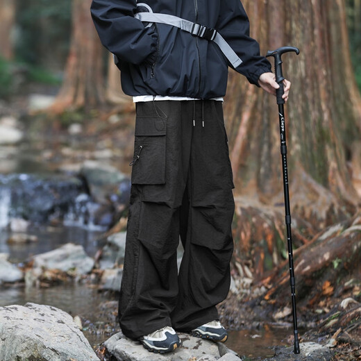 Pantalones de paracaoleta de área de pantano Pantalones de senderismo plisado de primavera y verano Pantalones de senderismo plisado y pantalones de seda de hielo informal WS701 Negro 2xl