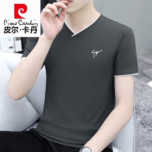 皮尔卡丹（pierre cardin）夏季高端男士短袖t恤v领纯棉半袖鸡心领体恤潮流修身上衣薄款男装 浅灰色 YD7029 M