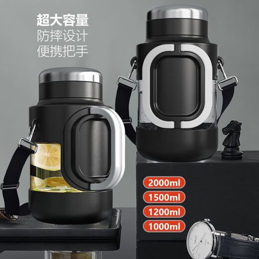Xushansi Taza de té grande Gran capacidad 2000-3000 Litios Toneladas Copa de agua de vidrio anti-caza para hombres SUPER SUMER SUPER resistente al calor Número portátil Negro + Correo + cepillo de taza 1000ml sin base