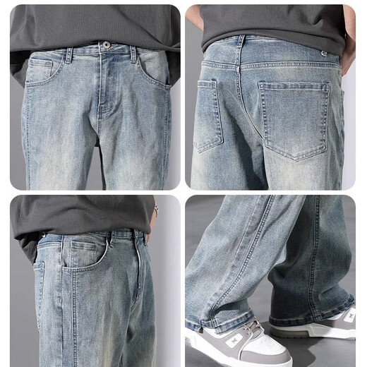 真维斯（Jeanswest）纯色棉弹美式休闲牛仔裤男士新款高街潮流宽松直筒复古水洗长裤子 怀旧蓝9901【常规款】 L 【建议120-135斤】