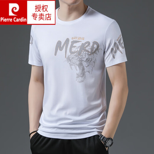 Pierre cardin summer new ice silk short-sleeved T-shirt for men's round neck print trendy thin top half-sleeved T-shirt White 719 M 165 [recommended 100-120 Jin [Jin equals 0.5 kg]]