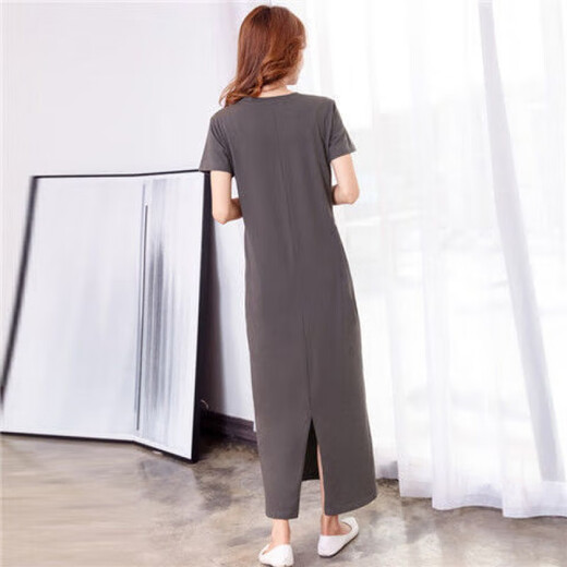 Zhongfanzhi super long dress with short sleeve cotton over-knee T-shirt skirt for women slim fit and slim summer slit ankle-length skirt for women black 9905 long skirt L