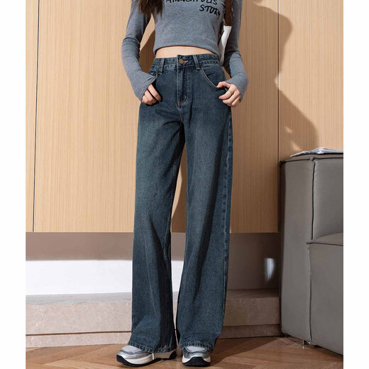 TonLion 2025 women's contrast pocket denim wide-leg floor-length trousers, medium denim blue 29