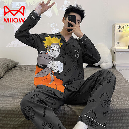 Cat Man (Miiow) Pajamás de algodón puro Spring y Autumn Adolescente Cartoon Estudiante Cardigan Gran tamaño Manga de manga larga Manga Home Clothing 9902 (Cárdigan de manga larga) M