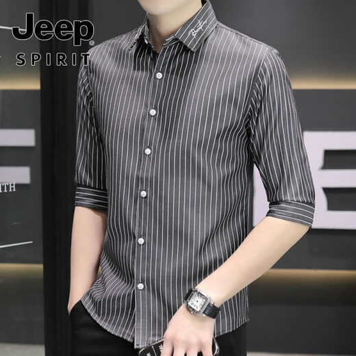 JEEP SPIRIT美式高端新款夏季弹力冰丝七分袖衬衫抗皱免烫薄款男士中袖衬衣潮 682-白色 M 80斤-100斤