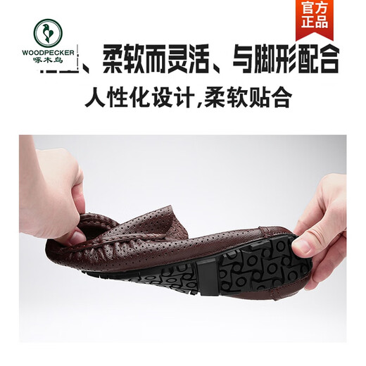 啄木鸟2025春季镂空皮鞋男士一脚蹬软底透气商务休闲鞋真皮韩版豆豆鞋男 9901棕色【镂空款】 38