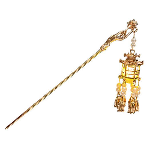 Indian rice (ENRMIIV) high-end luminous hairpin, retro tassel palace lantern hairpin, women's ancient style headwear, Hanfu hair accessories, Mid-Autumn Festival hairpin, golden lantern hairpin, red pavilion