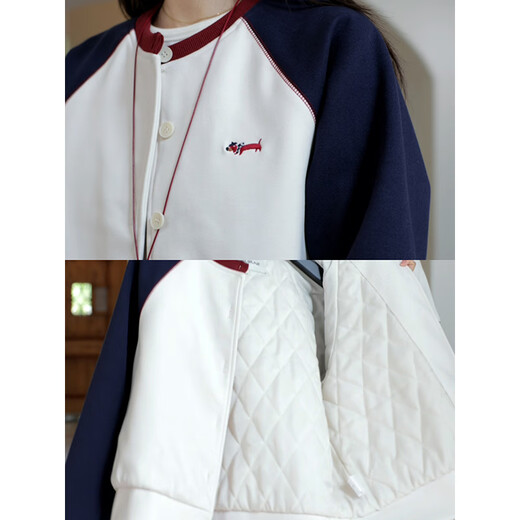 郭九九呢 复古撞色绣花插肩袖棉服毛呢外套弯刀牛仔裤 G924T17152 外套-藏青拼咖 XL
