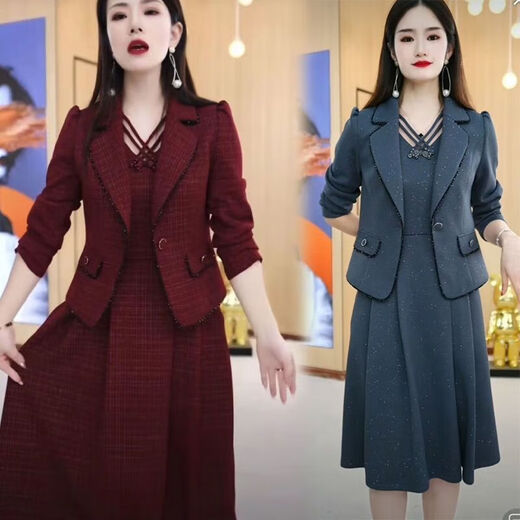 Doretin Single/Suit Madre de mediana edad Mother Set de dos piezas para mujeres Spring y otoño Vestido nuevo para mujeres Traje de moda para mujeres Spring 9859-Apricot Traje de color Broche Random M