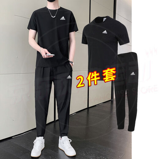 阿迪达斯（adidas）男装运动套装25夏季新款休闲简约透气小标短袖T恤收口长裤 两件套 IC9282+GK9226 S/175