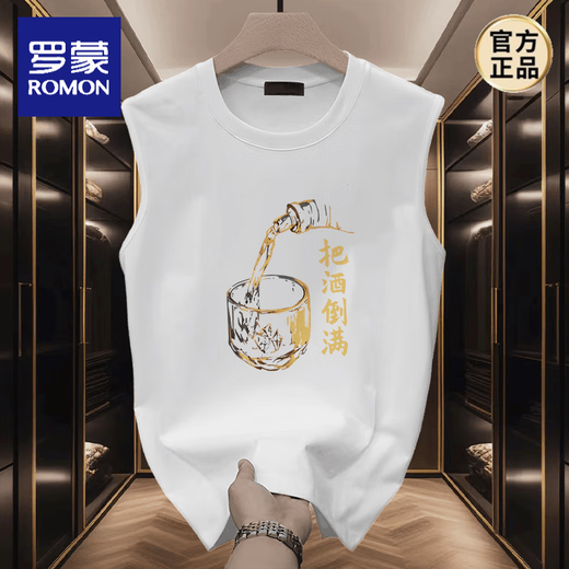 罗蒙（ROMON）新款重磅棉质无袖背心创意酒杯印花T恤夏季潮流百搭男士坎肩上衣 白色【背心前中大图K835 CMOTION M 建议80-105斤